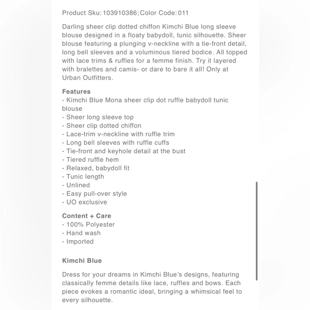 KIMCHI BLUE Bohemian Sheer Ivory Babydoll Tunic Top, M, NWT just beautiful - Picture 4 of 6